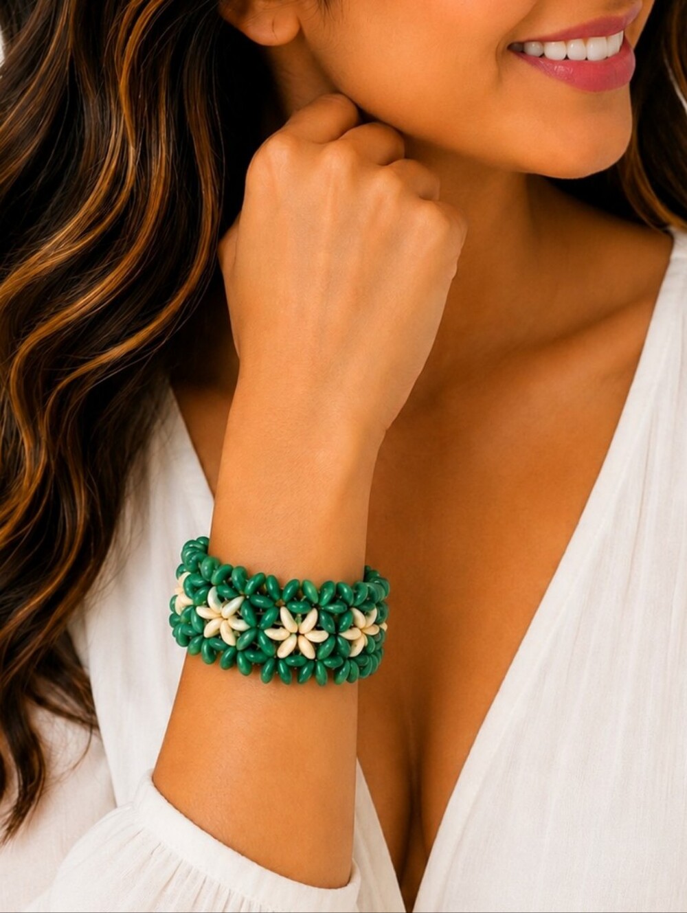 💎Green Beaded Stretch Bracelet Chunky Floral Boho Statement EUC